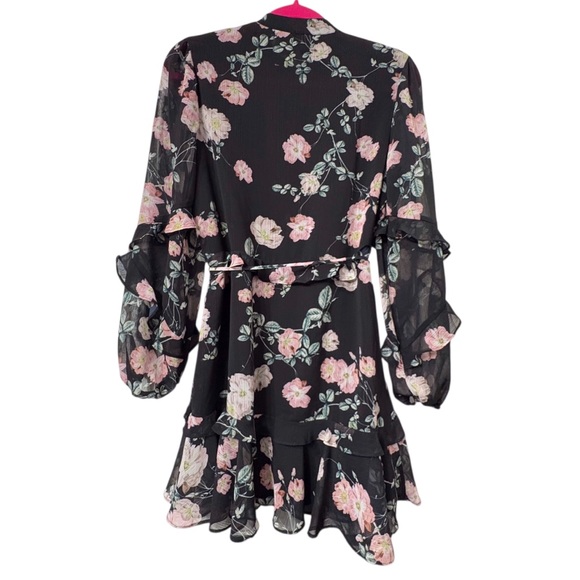 Blue Life Floral Black Chiffon Sheer Ruffle Long-Sleeve Mini Dress - Picture 4 of 16